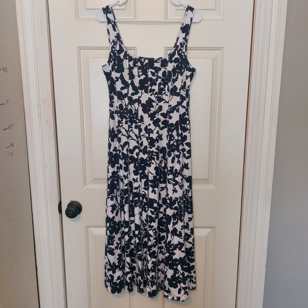 LOFT Navy Blue White Floral Sleeveless Midi Dress Square Neck Size 4 RN140923